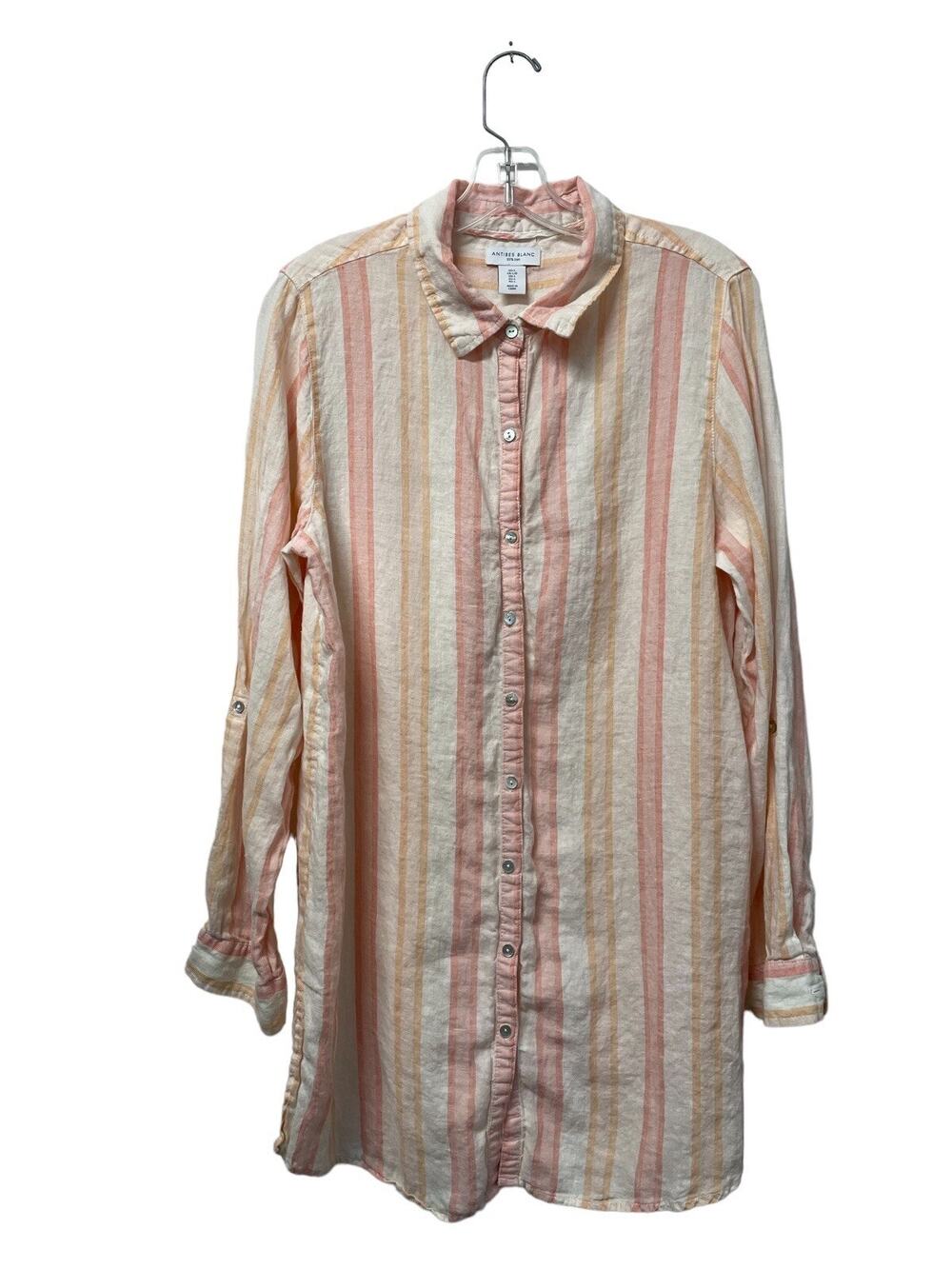 Anthropologie Antibes Blanc Linen Shirt Orange Striped Roll Tab Sleeve Large